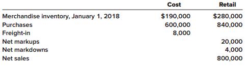 Campbell Corporation uses the retail method to value its inventory. The following information is available for the year 2018:


Required:
Determine the December 31, 2018, inventory that approximates average cost.

