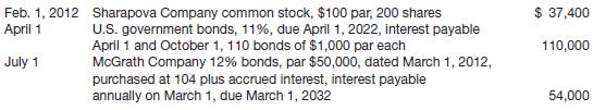 Cardinal Paz Corp. carries an account in its general ledger called Investments, which contained debits for investment purchases, and no credits, with the following descriptions.


Instructions
(Round all computations to the nearest dollar.)
(a) Prepare entries necessary to classify the amounts into proper accounts, assuming that all the securities are classified as available-for-sale.
(b) Prepare the entry to record the accrued interest and the amortization of premium on December 31, 2012, using the straight-line method.
(c) The fair values of the investments on December 31, 2012, were:
Sharapova Company common stock ……………………………$ 31,800
U.S. government bonds ……………………………………………….124, 700
McGrath Company bonds …………………………………………….58, 600

 What entry or entries, if any, would you recommend be made?
(d) The U.S. government bonds were sold on July 1, 2013, for $119,200 plus accrued interest. Give the proper entry.

