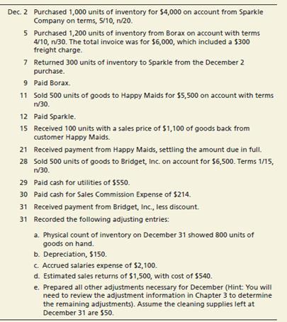 Consider the December transactions for Crystal Clear Cleaning that were presented in Chapter 5. (Cost data have been removed from the sale transactions.) Crystal Clear uses the perpetual inventory system.


Requirements:
1. Prepare perpetual inventory records for December for Crystal Clear Cleaning using the FIFO inventory costing method. (Note: You must calculate the cost of goods sold on the 11th, 28th, and 31st (adjusting entry a).) Round per unit costs to two decimal places.
2. Journalize the transactions for December 11th, 28th, and 31st (adjusting entry a only) using the perpetual inventory record created in Requirement 1.

