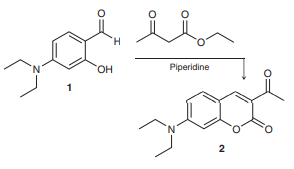 Coumarin and its derivatives exhibit a broad array of industrial applications, including, but not limited to, cosmetics, food preservatives, and fluorescent laser dyes. Some derivatives of coumarin, such as warfarin, exhibit antithrombic activity and are currently used as blood thinners (to prevent the formation of potentially fatal blood clots). Identify how you might use IR spectroscopy to monitor the following reaction, in which compound 1 is converted into a coumarin derivative (compound 2). Describe at least three different signals that you could analyze to confirm the transformation of 1 to 2.