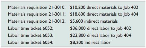 Farina Bay’s computer system generated the following trial balance on December 31, 2013. The company’s manager knows something is wrong with the trial balance because it does not show any balance for Goods in Process Inventory but does show balances for the Factory Payroll and Factory Overhead accounts.


After examining various files, the manager identifies the following six source documents that need to be processed to bring the accounting records up to date.

Jobs 402 and 404 are the only units in process at year-end. The predetermined overhead rate is 200% of direct labor cost.

Required1. Use information on the six source documents to prepare journal entries to assign the following costs.
a. Direct materials costs to Goods in Process Inventory.
b. Direct labor costs to Goods in Process Inventory.
c. Overhead costs to Goods in Process Inventory.
d. Indirect materials costs to the Factory Overhead account.
e. Indirect labor costs to the Factory Overhead account.
2. Determine the revised balance of the Factory Overhead account after making the entries in part 1. Determine whether there is any under- or overapplied overhead for the year. Prepare the adjusting entry to allocate any over- or underapplied overhead to Cost of Goods Sold, assuming the amount is not material.
3. Prepare a revised trial balance.
4. Prepare an income statement for year 2013 and a balance sheet as of December 31, 2013.
Analysis Component
5. Assume that the $5,600 on materials requisition 21-3012 should have been direct materials charged to Job 404. Without providing specific calculations, describe the impact of this error on the income statement for 2013 and the balance sheet at December 31, 2013.

