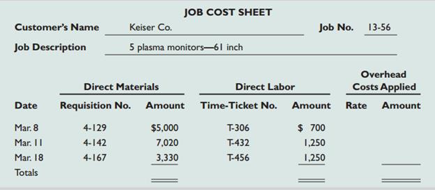 In December 2012, Shire Computer’s management establishes the year 2013 predetermined overhead rate based on direct labor cost. The information used in setting this rate includes estimates that the company will incur $747,500 of overhead costs and $575,000 of direct labor cost in year 2013. During March 2013, Shire began and completed Job No. 13-56.
1. What is the predetermined overhead rate for year 2013?
2. Use the information on the following job cost sheet to determine the total cost of the job.


