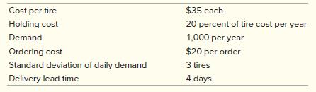 It is your responsibility, as the new head of the automotive section of Nichols Department Store, to ensure that reorder quantities for the various items have been correctly established. You decide to test one item and choose Michelin tires, XW size 185 × 14 BSW. A perpetual inventory system has been used, so you examine this, as well as other records, and come up with the following data.


Because customers generally do not wait for tires but go elsewhere, you decide on a service probability of 98 percent. Assume the demand occurs 365 days per year.
a. Determine the order quantity.
b. Determine the reorder point.

