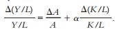 Labor productivity is defined as Y/L, the amount of output divided by the amount of labor input. Start with the growth-accounting equation and show that the growth in labor productivity depends on growth in total factor productivity and growth in the capital–labor ratio. In particular, show that

Hint: You may find the following mathematical trick helpful. If z  wx, then the growth rate of z is approximately the growth rate of w plus the growth rate of x. That is,
Dz/z = Dw/w + Dx/x.

