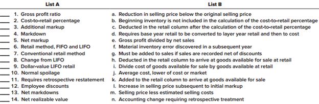 Listed below are several terms and phrases associated with inventory measurement. Pair each item from List A with the item from List B (by letter) that is most appropriately associated with it.


