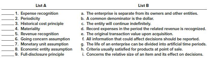 Listed below are several terms and phrases associated with the accounting concepts. Pair each item from List A (by letter) with the item from List B that is most appropriately associated with it.

