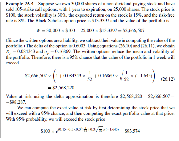 Repeat the previous problem, only use Monte Carlo simulation.

Repeat the previous problem
Using the delta-approximation method and assuming a $10m investment in stock A, compute the 95% and 99% 1-, 10-, and 20-day VaRs for a position consisting of stock A plus one 105-strike put option for each share. Use the same assumptions as in Example 26.4.


