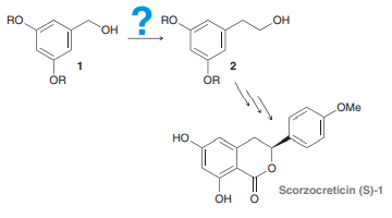 Scorzocreticin (S)-1 was isolated from a plant that is used for cooking traditional meat dishes on the Greek island of Crete. As part of a recent synthesis of scorzocreticin (S)-1, compound 1 was converted into compound 2. Identify a synthetic route for converting 1 into 2, knowing that it involves a Wittig reaction.