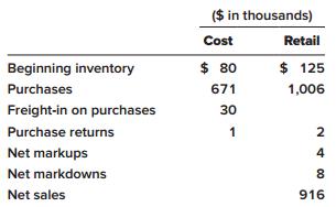 Smith-Kline Company maintains inventory records at selling prices as well as at cost. For 2018, the records indicate the following data:


Required:
Use the retail method to approximate cost of ending inventory in each of the following ways:
1. Average cost
2. Conventional

