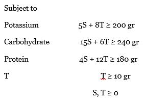 Solve these problems using graphical linear programming and then answer the questions that follow. Use simultaneous equations to determine the optimal values of the decision variables.
a. Minimize      Z = 1.80S + 2.20T
b. Minimize      Z = 2x1 + 3x2
(1) What are the optimal values of the decision variables and Z?
(2) Do any constraints have (nonzero) slack? If yes, which one(s) and how much slack does each have?
(3) Do any constraints have (nonzero) surplus? If yes, which one(s) and how much surplus does each have?
(4) Are any constraints redundant? If yes, which one(s)? Explain briefly.

