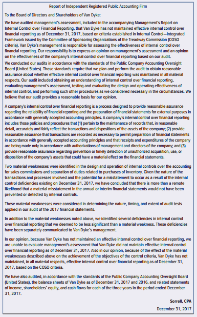 Sorrell, CPA, is auditing the financial statements of Van Dyke as of December 31, 2017. Sorrell’s substantive procedures and other tests indicated that Van Dyke’s financial statements were prepared in accordance with generally accepted accounting principles and, accordingly, Sorrell expressed an unqualified opinion on those financial statements. Because Van Dyke’s securities are registered with the Securities and Exchange Commission, Van Dyke is subject to the reporting requirements of AS 2201. During its assessment of internal control over financial reporting, Van Dyke’s management identified material weaknesses related to (1) the method of accounting for sales commissions and (2) separation of duties related to purchase transactions. Sorrell was able to gather sufficient evidence and did not encounter limitations with respect to the evaluation of Van Dyke’s internal control over financial reporting. Sorrell prepared the following draft report on Van Dyke’s internal control over financial reporting:

Required:
Identify the deficiencies in the audit report drafted by Sorrell. Group the deficiencies by paragraph and in the order in which they appear. Do not rewrite the report. Cite the relevant sections from the professional standards.


