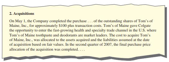 The notes to recent financial statements of Colgate-Palmolive contained the following information(dollar amounts in millions):


Assume that Colgate-Palmolive acquired 100 percent of the fair value of the net assets of Tom’s ofMaine in a recent year for $100 million in cash. Tom’s of Maine’s assets at the time of the acquisitionhad a book value of $70 million and a fair value of $82 million. Colgate-Palmolive also assumed Tom’sof Maine’s liabilities of $24 million (book value and fair value are the same). Prepare the entry on thedate of acquisition as a merger.

