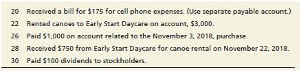 This problem continues the Canyon Canoe Company situation from Chapter 3.

From Chapter 3:

This problem continues the Canyon Canoe Company situation from Chapter 2. You will need to use the unadjusted trial balance and posted T-accounts that you prepared in Chapter 2.
At December 31, the business gathers the following information for the Adjusting entries:
a. Office supplies on hand, $165
b. Rent of one month has been used. (Hint: See Dec. 1 transaction from Chapter 2)
c. Determine the depreciation on the building using straight-line depreciation. Assume the useful life of the building is five years and the residual value is $5,000. (Hint: The building was purchased on December 1.)
d. $400 of unearned revenue has now been earned.
e. The employee who has been working the rental booth has earned $1,250 in wages that will be paid January 15, 2019.
f. Canyon Canoes has earned $1,850 of canoe rental revenue that has not been recorded or received.
g. Determine the depreciation on the canoes purchased on November 3 using straight-line depreciation. Assume the useful life of the canoes is 4 years and the residual value is $0.
h. Determine the depreciation on the canoes purchased on December 2 using straight-line depreciation. Assume the useful life of the canoes is 4 years and the residual value is $0.
i. Interest expense accrued on the notes payable, $50.

From Chapter 2:

Problem P2-42 continues with the company introduced in Chapter 1, Canyon Canoe Company. Here you will account for Canyon Canoe Company’s transactions as it is actually done in practice. Begin by reviewing the transactions from Chapter 1. The transactions have been reprinted below.


From Chapter 1:

Canyon Canoe Company is a service-based company that rents canoes for use on local lakes and rivers. Amber and Zack Wilson graduated from college about 10 years ago. They both worked for one of the “Big Four” accounting firms and became CPAs. Because they both love the outdoors, they decided to begin a new business that will combine their love of outdoor activities with their business knowledge. Amber and Zack decide that they will create a new corporation, Canyon Canoe Company, or CCC for short. The business began operations on November 1, 2018.


Requirements:
1. Complete the worksheet at December 31, 2018 (optional). Use the unadjusted trialbalance from Chapter 2 and the adjusting entries from Chapter 3.
2. Prepare an income statement for the two months ended December 31, 2018.Use the worksheet prepared in Requirement 1 or the adjusted trial balance fromChapter 3.
3. Prepare a statement of retained earnings for the two months ended December 31, 2018.
4. Prepare a classified balance sheet (report form) at December 31, 2018. Assume the note payable is long-term.
5. Journalize and post the closing entries at December 31, 2018. Open T-accounts forIncome Summary and Retained earnings. Determine the ending balance for eachaccount. Denote each closing amount as Clos. and each account balance as Balance.
6. Prepare a post-closing trial balance at December 31, 2018.

